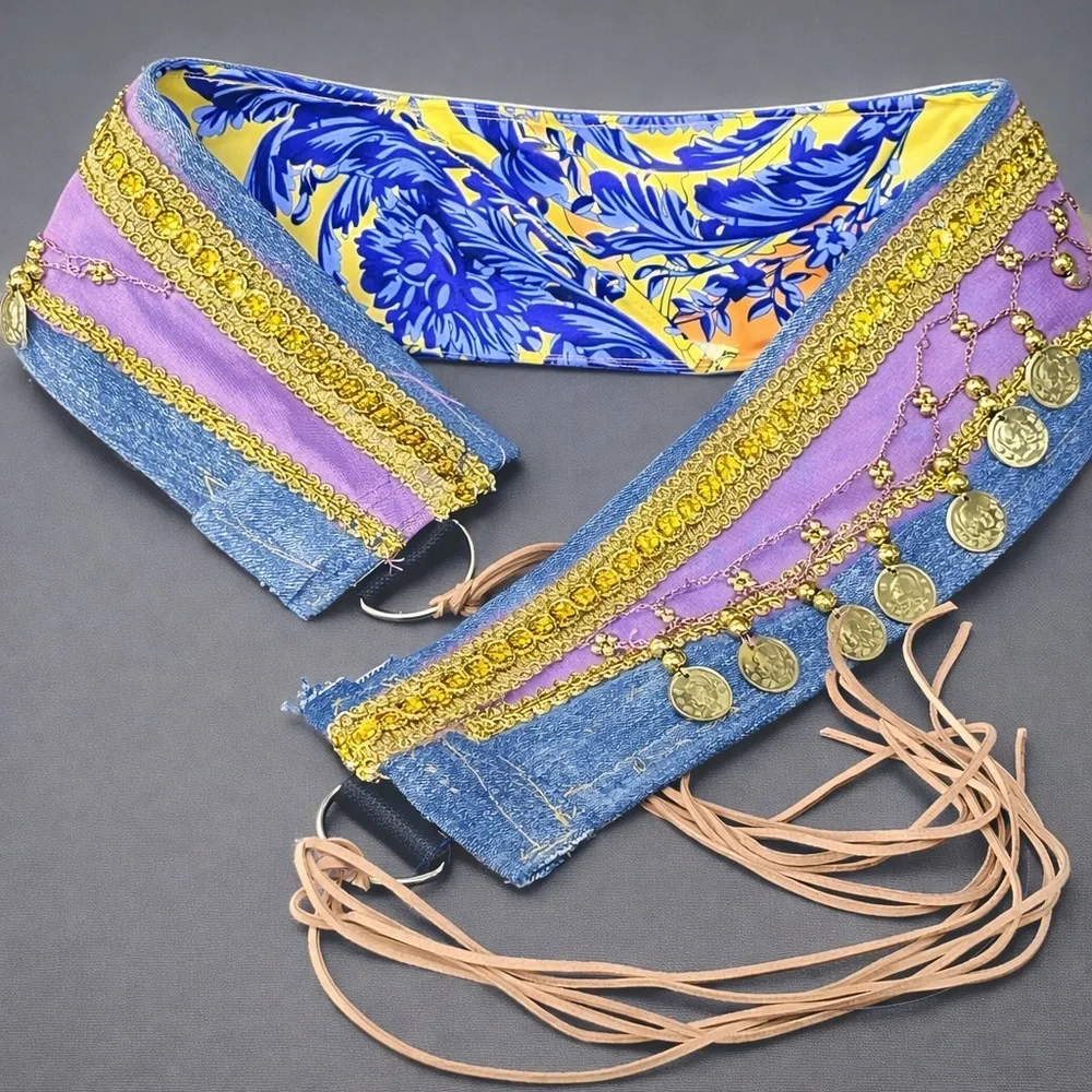 Artisan Denim Handmade Belt Gold Coin Tassel | Belly Dancer Adjustable XL SIGNED
